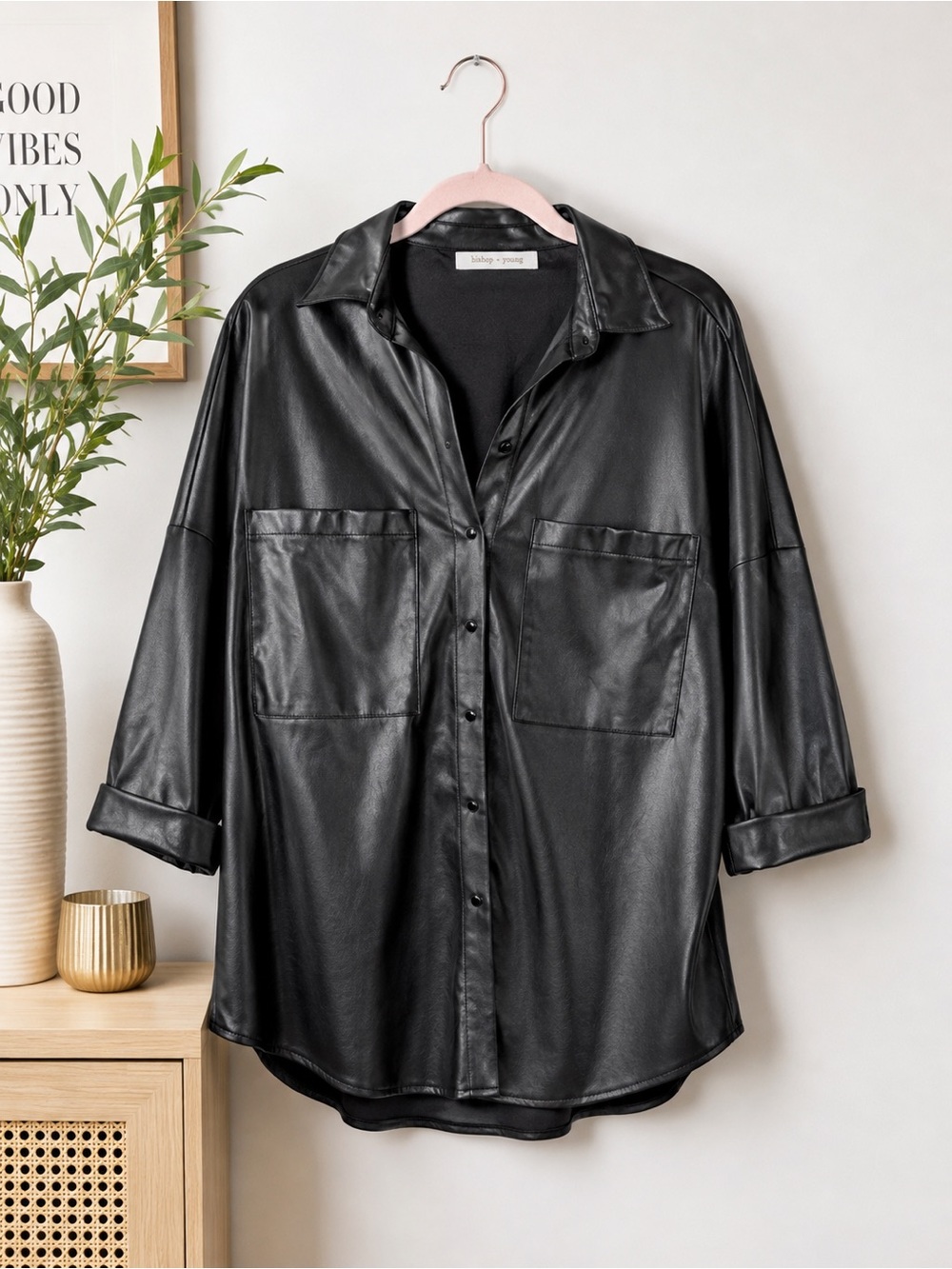 Bishop + Young Medium Black Faux Leather Oversized Snap Front Shirt Shacket